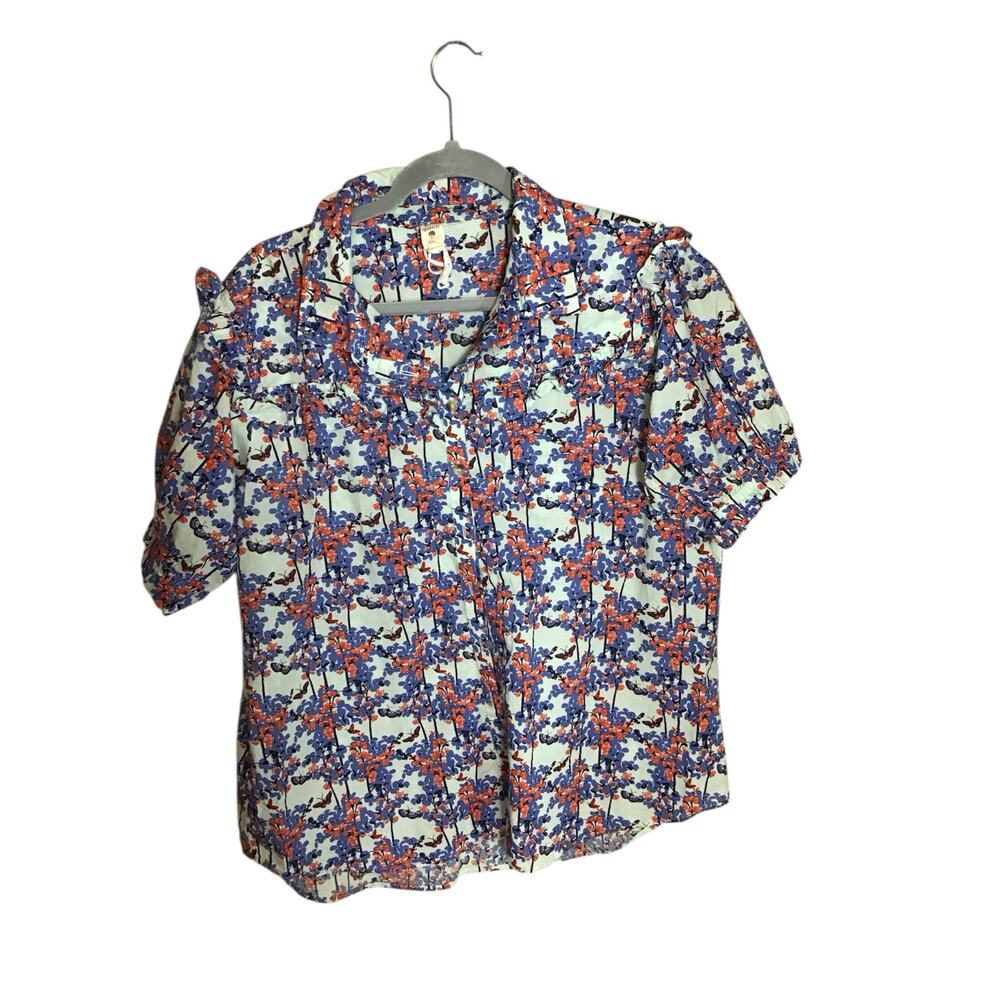 Kate Quinn girls Cotton Button up Floral Ruffle Top Sz.XXL/ Women Med Blue NWOT